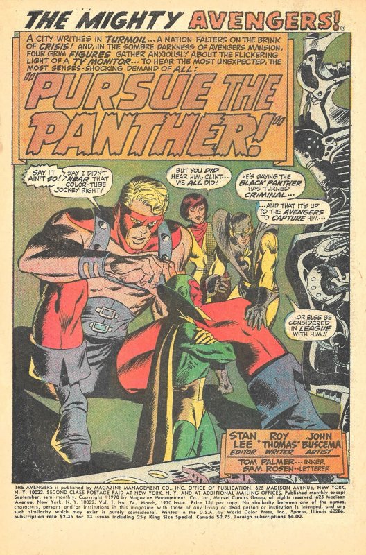 THE AVENGERS #74(Mar1970) 6.5 FN+ Roy Thomas! John Buscema! Rogue BLACK PANTHER!