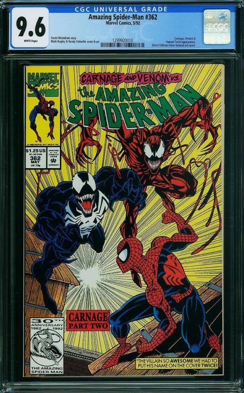 AMAZING SPIDER-MAN #362 CGC 9.6 NM+ Venom! Carnage! Wow !!!