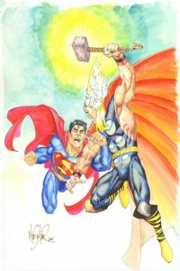 Superman vs. Thor Color Commission - 2001 Signed art by Mike Miller