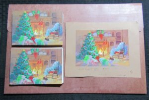 WARM & FRIENDLY WISHES Fireplace w/ Tree 9.5x7.25 Greeting Card Art #X9025