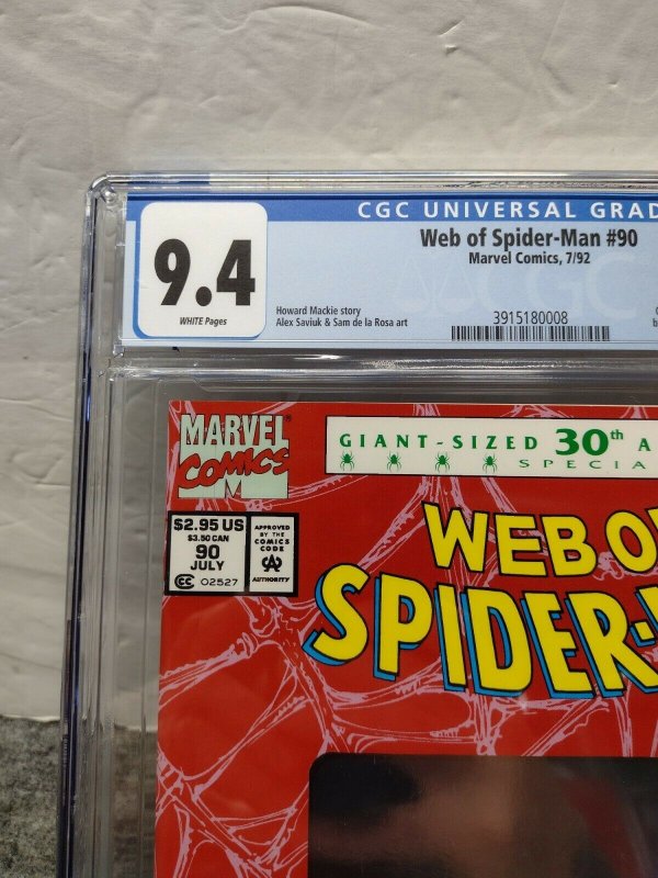 Rare! Web Of Spider-Man # 90   Newsstand CGC 9.4 White Pages  Marvel
