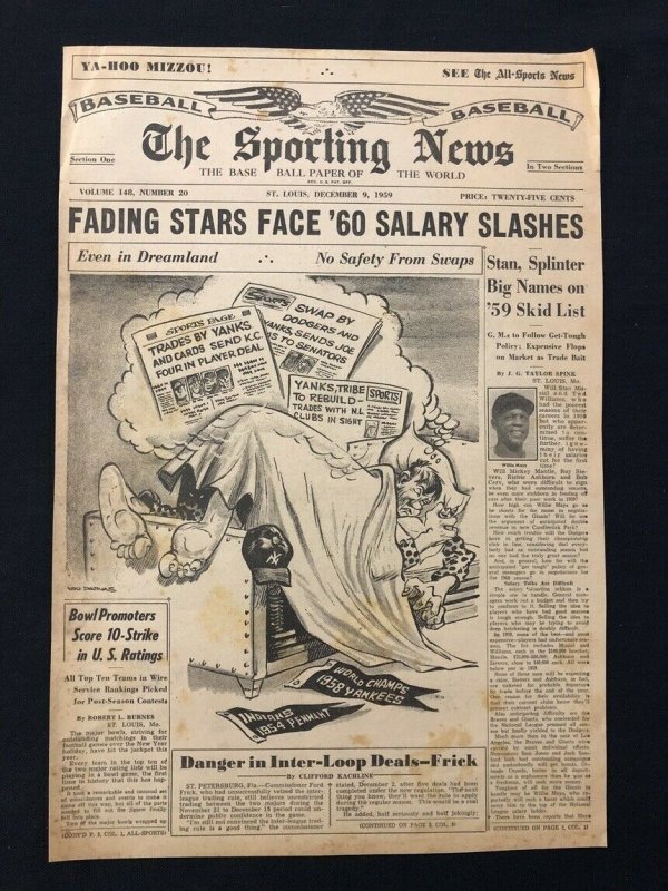 Lou Darvas Sporting News Original Art December 9 1959- YANKEES