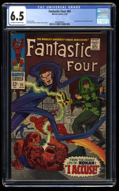 Fantastic Four #65 CGC FN+ 6.5 Off White to White 1st Appearance Ronan!