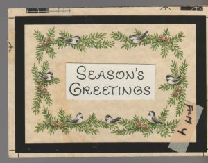 SEASONS GREETINGS Lettering w/ Birds on Pine Branch 6x4 Greeting Card Art #SP107