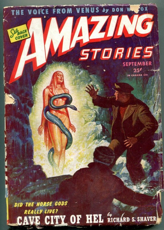 Amazing Stories Pulp September 1945- Snake girl cover- Cave City of Hell G- 