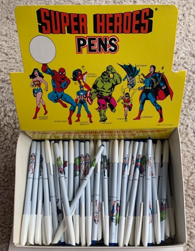 Vintage 1980 DISPLAY BOX SUPER HERO PENS! DC & Marvel! Spider-Man