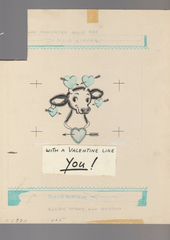 Vintage VALENTINE Cow w/ Blue Hearts 8x10 #3211 Greeting Card Art 2pcs