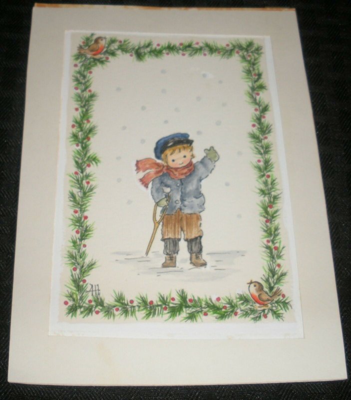 MERRY CHRISTMAS Tiny Tim Waving w/ Holly Border 5x7 Greeting Card Art #1049