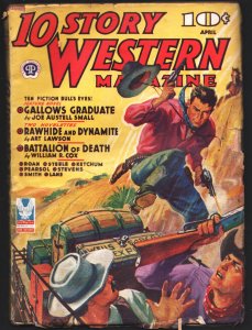 10 Story Western Pulp 4/1943-Wells Fargo stage coach robbery cover art-Tom Roan