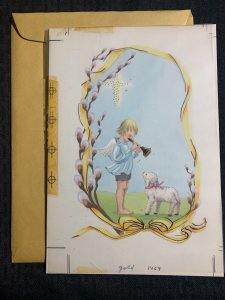 HAPPY EASTER Angel Playing Clarinet w/ Lamb 8x11.5 Greeting Card Art 2469