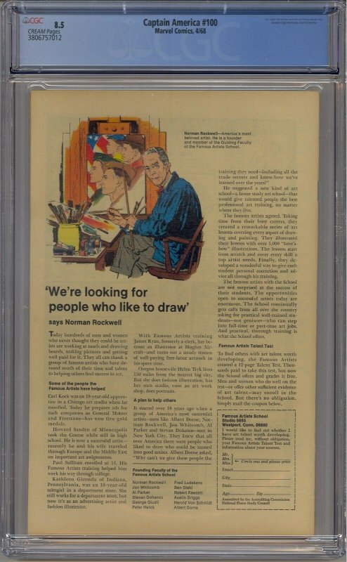 CAPTAIN AMERICA #100 CGC 8.5 1ST ISSUE