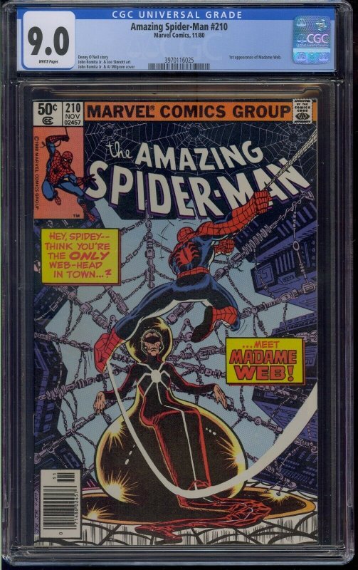 AMAZING SPIDER-MAN #210 CGC 9.0 1ST MADAME WEB WHITE PAGES NEWSSTAND UPC VARIANT 