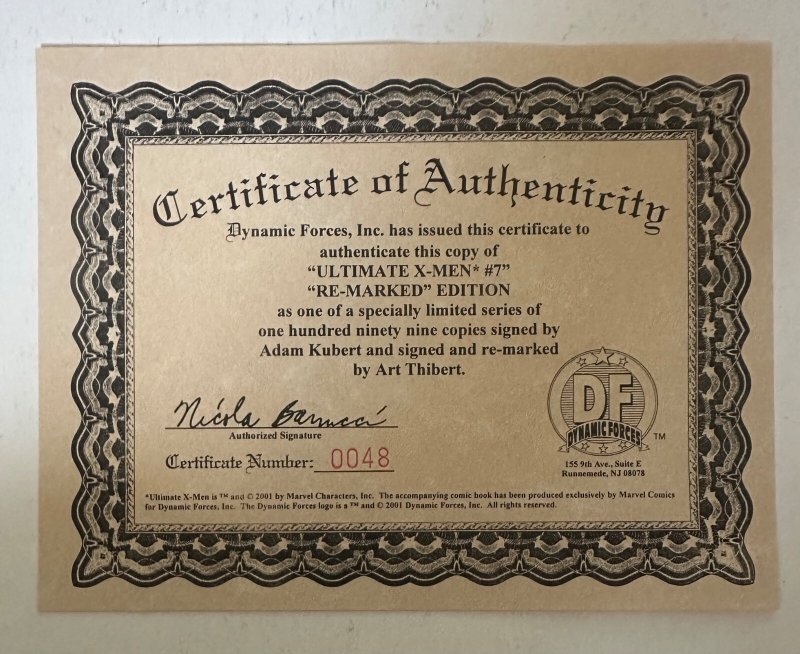 (2001) ULTIMATE X-MEN #7 SIGNED ADAM KUBURT W/REMARQUE ART THIBERT SKETCH! W/COA