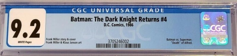 Batman Dark Knight Returns 4 DC 1986 CGC 9.2 WP Frank Miller Vs Superman Classic