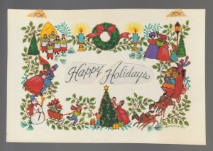 HAPPY HOLIDAYS w/ Singing Caroling Snowman Skating 7.5x5 Greeting Card Art #FF4