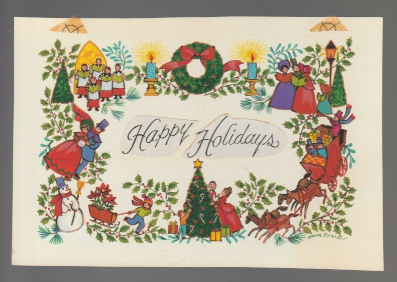 HAPPY HOLIDAYS w/ Singing Caroling Snowman Skating 7.5x5 Greeting Card Art #FF4