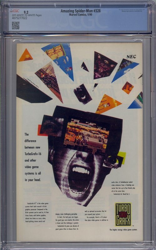 AMAZING SPIDER-MAN #328 CGC 9.2 TODD MCFARLANE HULK NEWSSTAND 