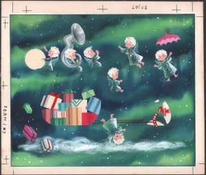 7 Angels with Presents & Tuba SF107 Original Christmas Greeting Card Painted Art