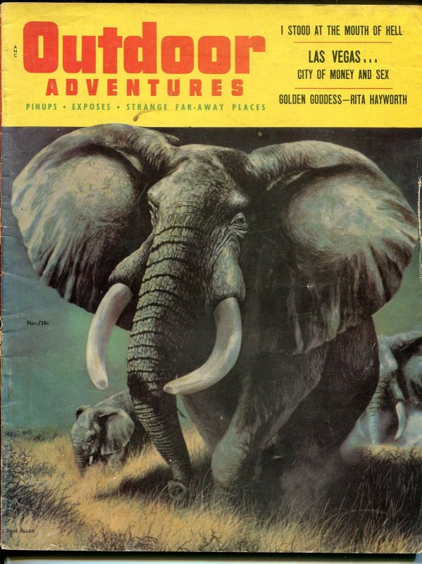 Outdoor Adventure 11/1956-pulp-elephant cover-Davy Allen-Rita Hayworth-VG