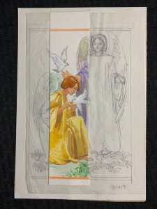 ANGELS WITH DOVES pencil and Color Rough 6.5x9 Greeting Card Art #31413