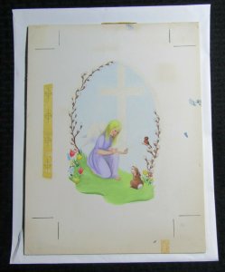 EASTER Angel Girl Bunny Rabbit & Pussywillow 10x13 Greeting Card Art #E2474