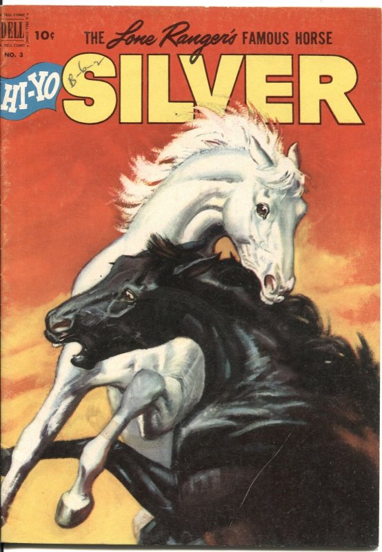 Lone Rangers Famous Horse Hi-Yo Silver-#3 1952-Dell-painted HORSE FIGHT cover...