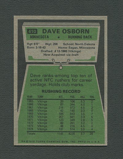 1975 Topps Football /  Dave Osborn #410 /  MINT