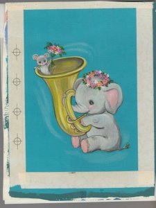 HAPPY BIRTHDAY Cute Elephant Playing Tuba w/ Mouse 7x9 Greeting Card Art #B8102