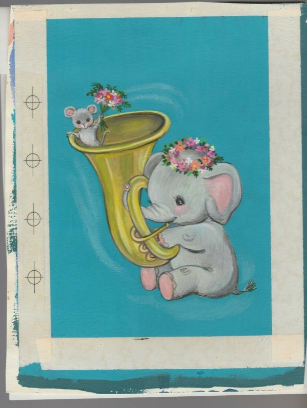 HAPPY BIRTHDAY Cute Elephant Playing Tuba w/ Mouse 7x9 Greeting Card Art #B8102