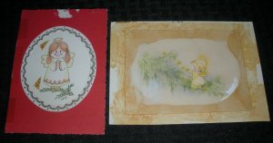 MERRY CHRISTMAS Cartoon Angel Girls w/ Holly Mistletoe Branch 6.5x5 LOT of 2