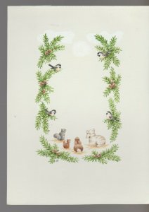 CHRISTMAS Pine Boughs w Birds Squirrel Rabbit 5.5x7.5  Greeting Card Art #5201