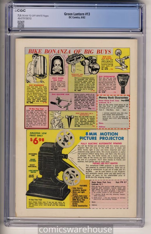 GREEN LANTERN #13 (DC 6/62) CGC 7.5 1ST SILVER AGE FLASH CROSSOVER