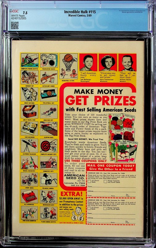 The Incredible Hulk #115  (1969) - CGC 7.5 - Cert#4240152005
