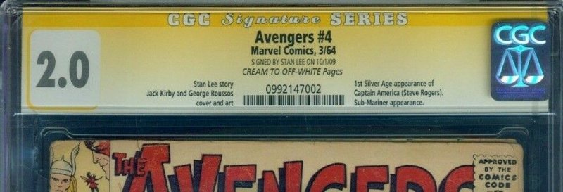 Avengers #4 the 1st Silver Age Captain America CGC 2.0 SS Signed by Stan Lee!