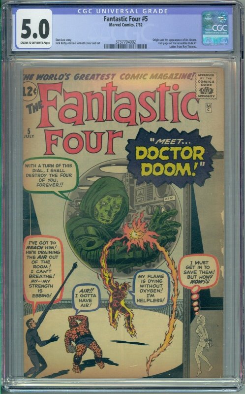 FANTASTIC FOUR #5 CGC 5.0 ORIGIN 1ST DOCTOR DOOM JACK KIRBY