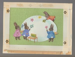 HAPPY EASTER Four Bunny Rabbits Painting Egg 9.5x7 Greeting Card Art #E2831