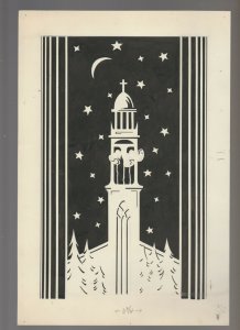 MERRY CHRISTMAS Graphic Church Steeple w/ Bells 7.5x11 Greeting Card Art #6519