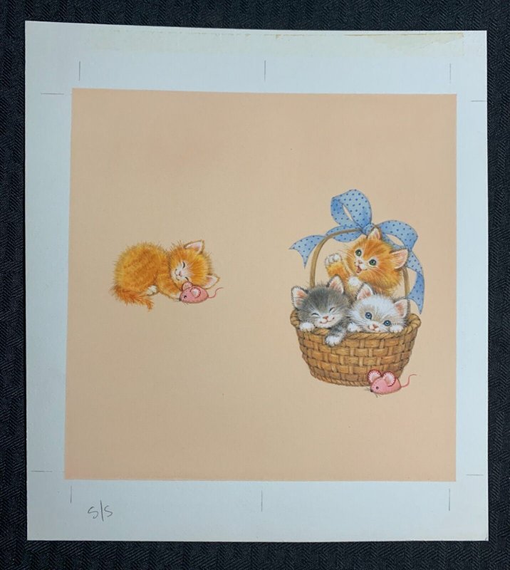 FRIENDS ARE FOREVER Cute Kittens in basket 9x9.5 Greeting Card Art #nn