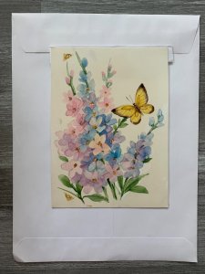 MOTHERS DAY Yellow Butterfly w/ Blue Pink Flowers 6x8 Greeting Card Art MD7571