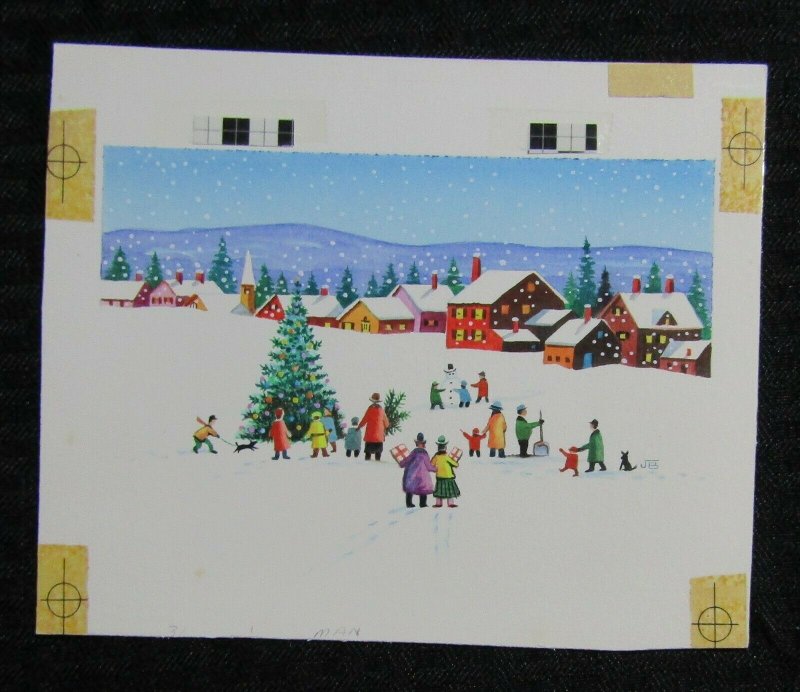 CHRISTMAS Children Tree Snowman on Frozen Lake 6.5x5.25 Greeting Card Art #126