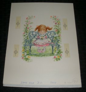 CUTE GIRL on Bench w/ Flowers 7.25x9 Greeting Card Art #8528