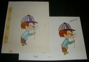 BIRTHDAY Cute Boy w/ Purple Hat Smelling Flower 6x8 Greeting Card Art #1693