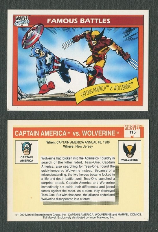 1990 Marvel Comics Card  #115 (Captain America vs Wolverine)  NM-MT