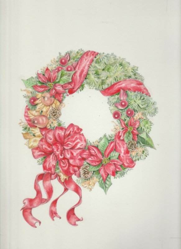 CHRISTMAS WREATH w/ Pink Ribbon & Pears 9.25x14 Greeting Card Art #8854