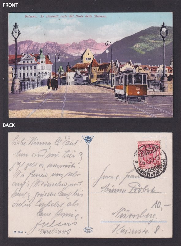Vintage postcard Bolzano Bozen Talvera Bridge Tram Dolomites Italy