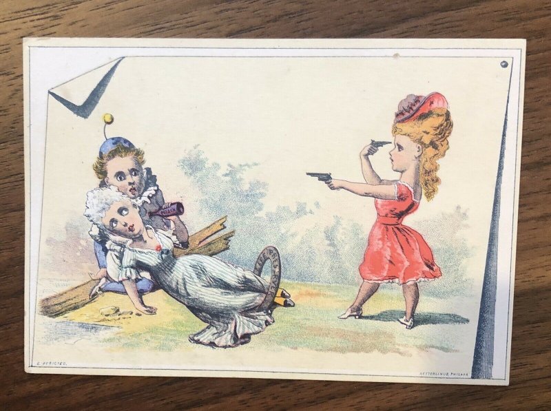 Victorian Trade Card-BLANK -WOMAN WITH TWO PISTOLS-SHOOT LOVER OR HERSELF