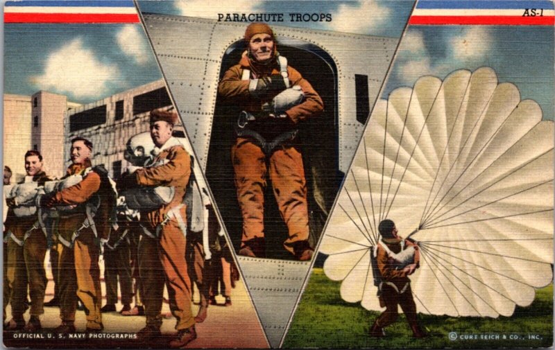 Linen Postcard Multiple Views of Parachute Troops