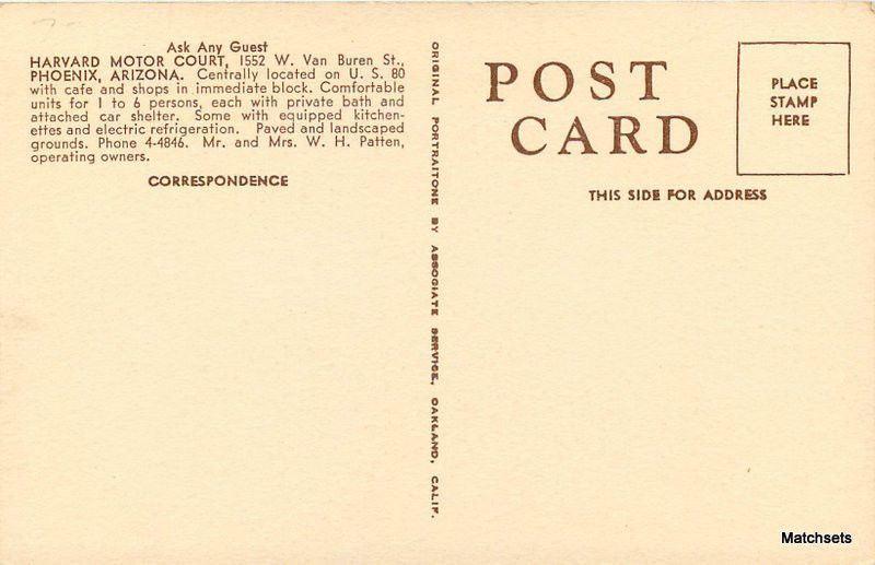 1930's Roadside Harvard Motor Court PHOENIX ARIZONA Postcard 9857