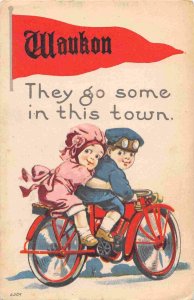 Children Riding Motorcycle They Go Some in Waukon Iowa 1914 Pennant postcard