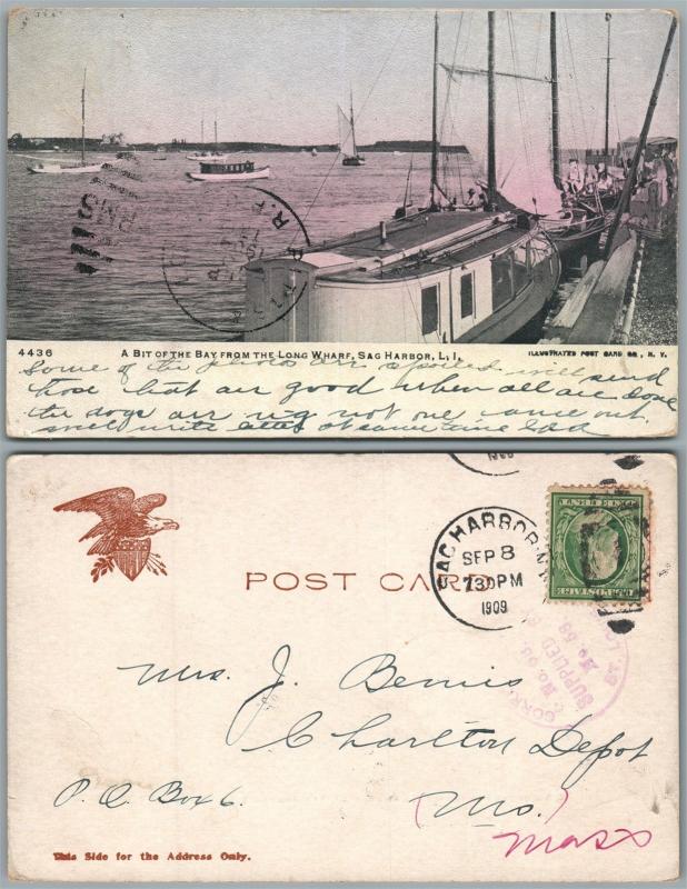 LONG ISLAND SAG HARBOR THE BAY FROM LONG WHARF 1909 UNDIVIDED VINTAGE POSTCARD